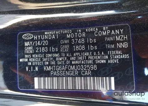 2021 Hyundai Veloster 2.0 z USA, uszkodzony, nr VIN KMHTG6AF0MU032598